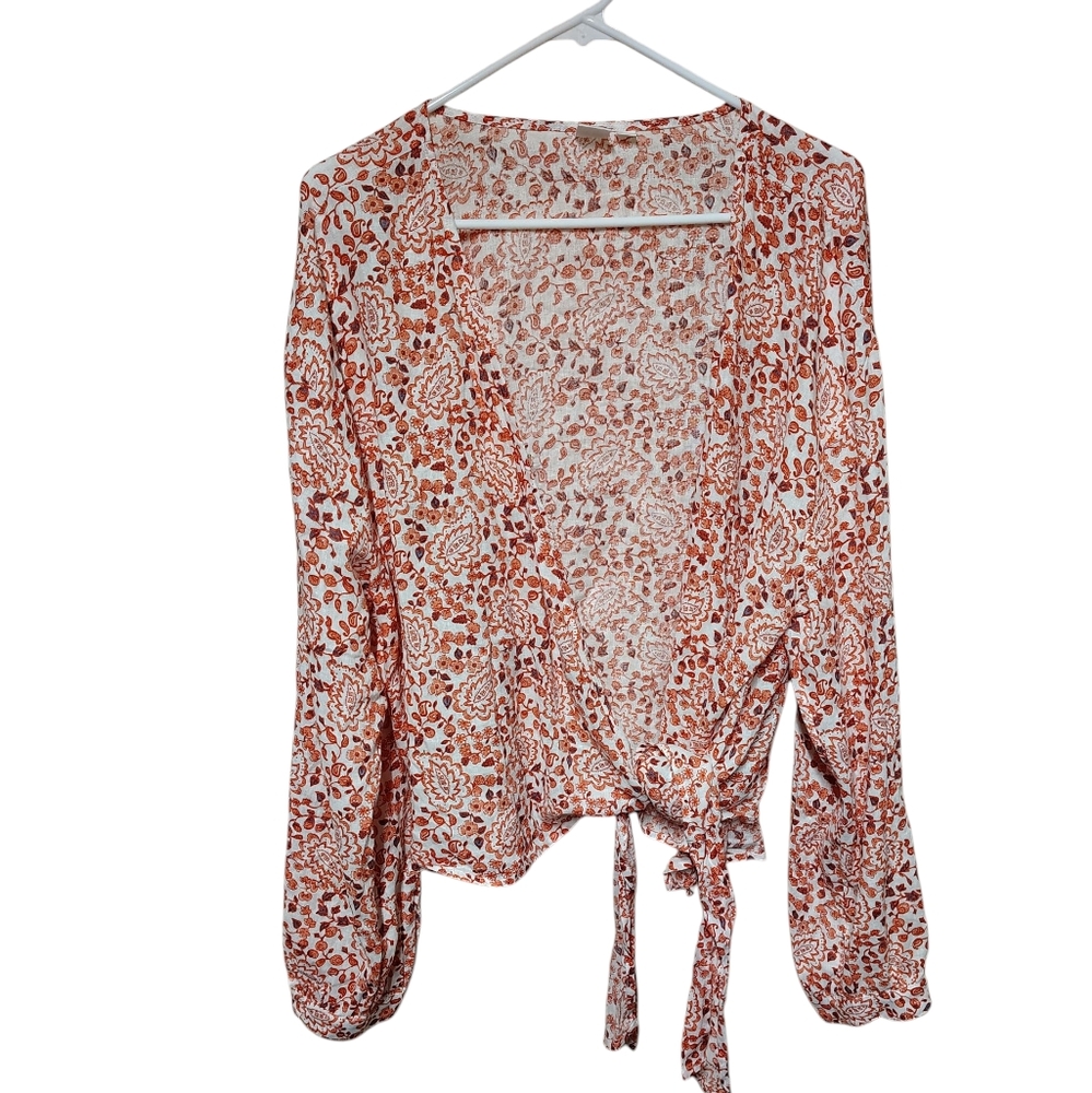 Blouse Womens 2XL  Orange White Floral Tie Front Long Sleeve  Linen Blend Top